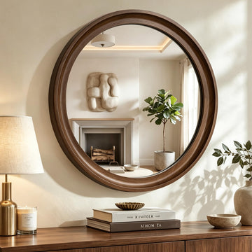 Round Wood Mirror, 26" Circle Mirror with Wooden Frame, Walnut Brown