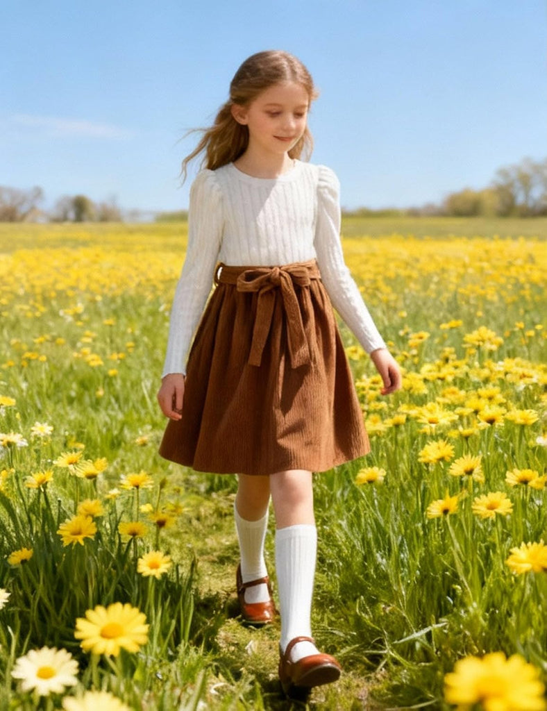 Girls Puff Long Sleeve Rib Knit Plaid Patchwork Dress with Pockets