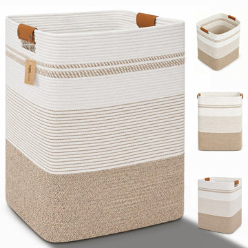 Laundry Hamper, Cotton Rope Laundry Basket with Leather Handles, 21.1-Gallon/80 L Large Clothes Hampers for Laundry