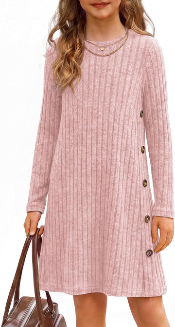 Girls Long Sleeve Dress Fall Winter A-Line Buttons Casual Dresses