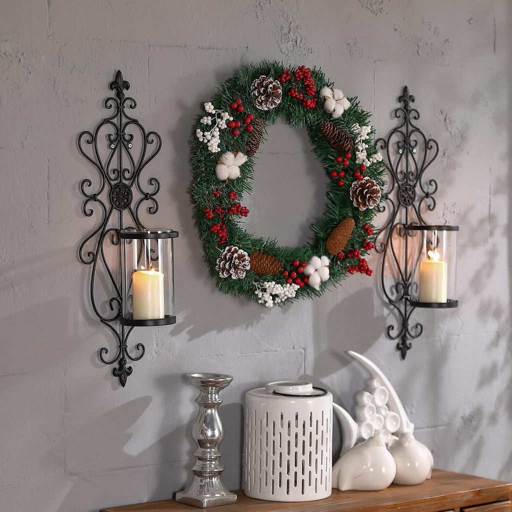 24" Hurricane Wall Sconces Set of Two, Iron & Glass Sconces for Candles