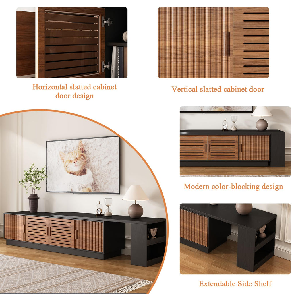 70.1"-100" Mid Century Modern TV Stand for 85" 90" 100" TVs, Extendable TV Stand with 4 Storage Cabinets, Adjustable