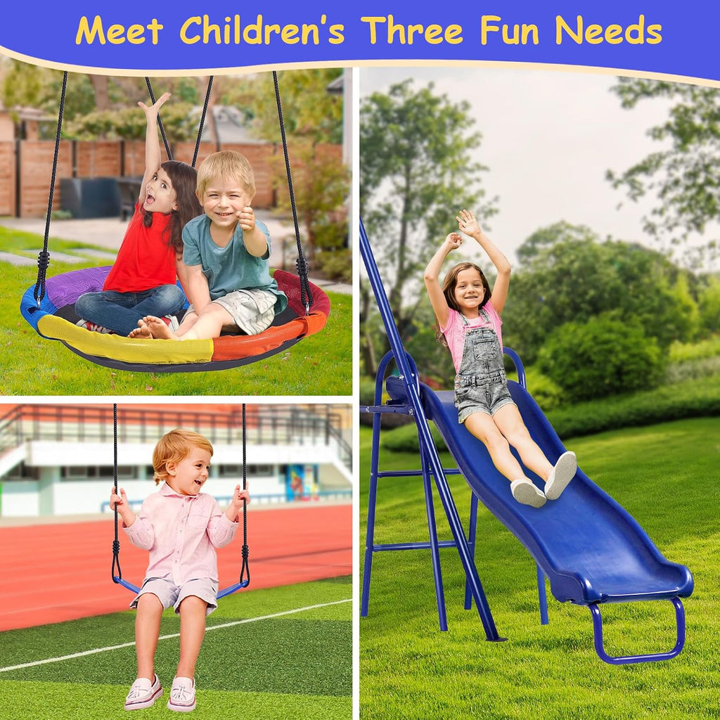 Swing Set for Backyard with Kids Slide 440lbs Heavy-Duty Metal A-Frame 1 Saucer Swing Seat 1 Swings Seat & 1 Slide