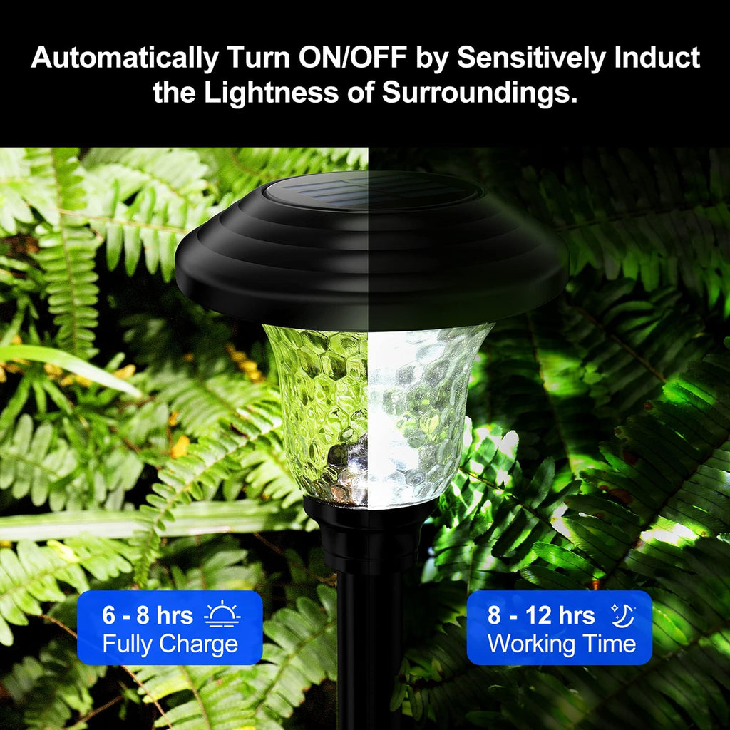 Glass Solar Lights Outdoor waterproof, 8 Pack Super Bright Solar Pathway Lights, Up to 12 Hrs Long Last Auto On/Off