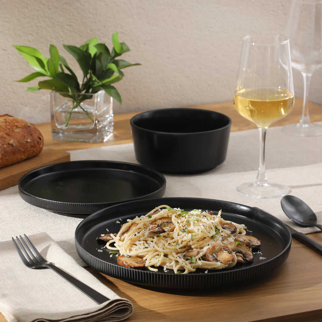 Dempsey Road 12-Piece Stoneware Dinnerware Set - Service for 4, Round Black Plates and Bowls, Durable Solid Color