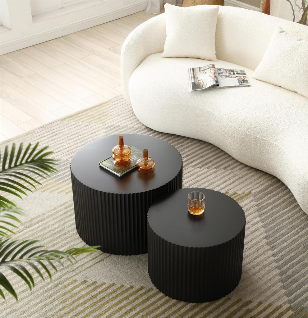 Nesting Coffee Set of 2 Round Coffee Tables Cocktail End Drum Coffee Matte Black