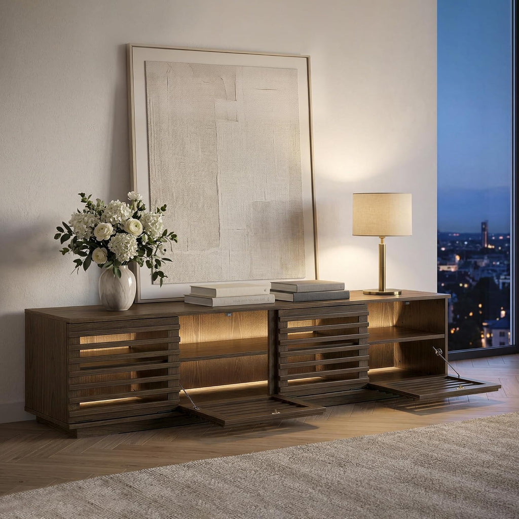 70" Modern TV Stands with LED Light for TVs Up to 75 inches, Low Profile Entertainment Center with 4 Flip-Down Door &