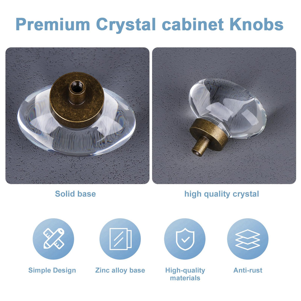 8 Pack Antique Brass Crystal Cabinet Knobs, Oval Vintage Glass Cabinet Knobs Pulls for Dresser Drawers Kitchen