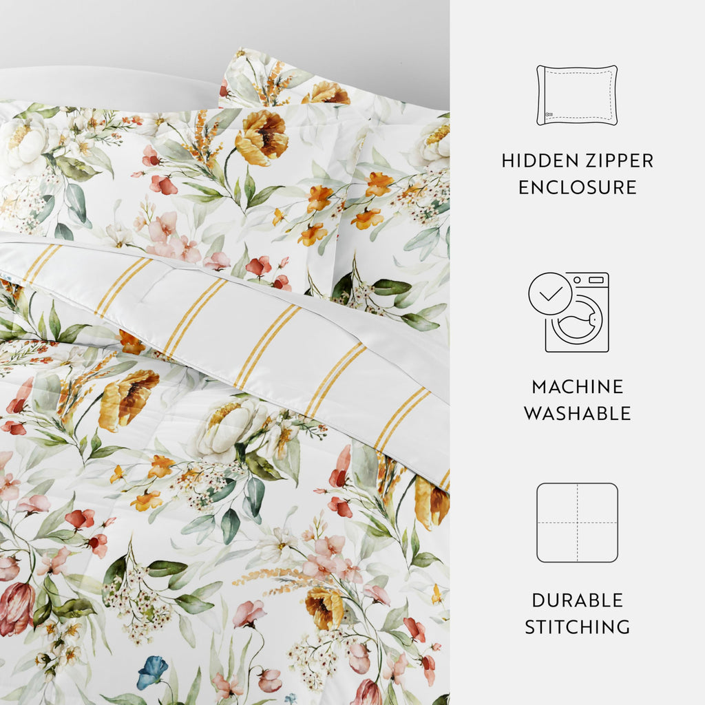 Comforter Set Patterned Microfiber All Season Down-Alternative Ultra Soft Bedding in Chintz Floral Stripe