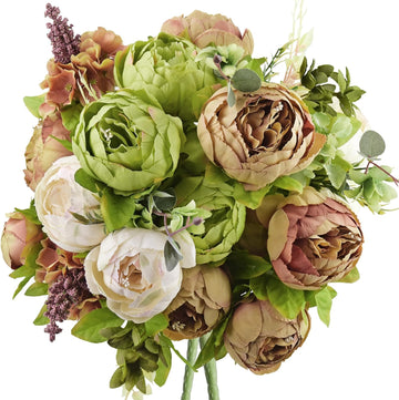 Rustic Brown, Beige & Green Artificial Peony - Set of 2