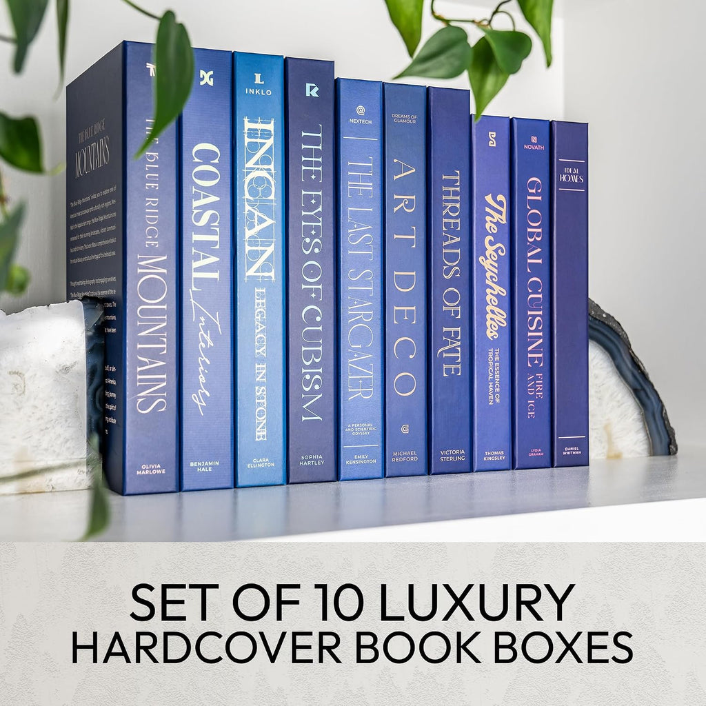 Decorative Books | Blue 10 Book Set with 3 Sizes | Preassembled with Hidden Storage | Perfectly Stackable for Easy