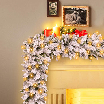 Flocked Christmas Garland with Lights,9FT Pre-Lit White Snow Garlands with 240 PVC Tips,Frosted Garland