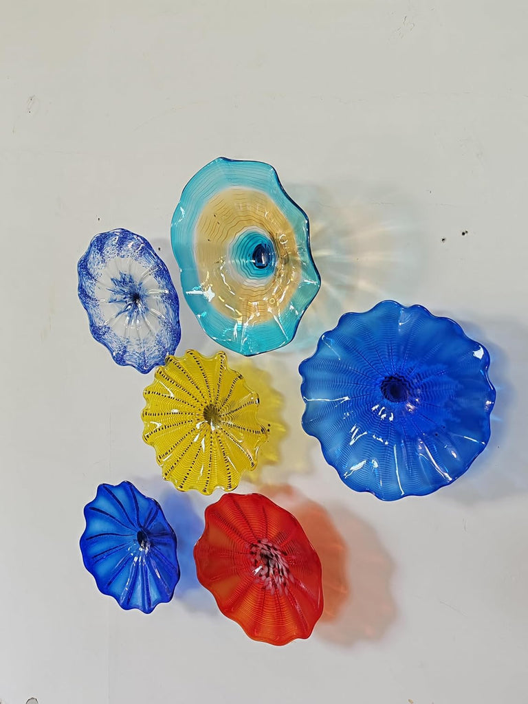 12 Inch Yellow Hand Blown Glass Wall Art Decor Unique Blown Glass Wall Plates with Wood Stand Transparent and Easy