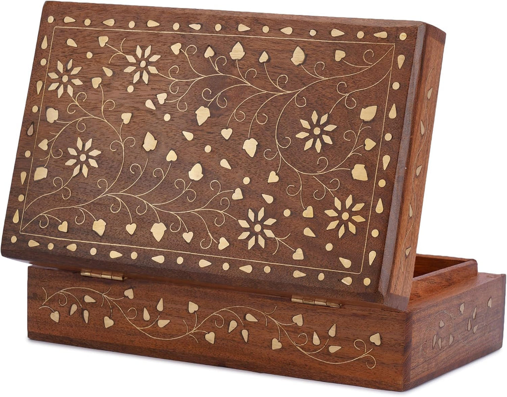 Hand Carved Wooden Decorative Jewelry Storage Box with Floral Carvings Design Brass Inlay Keepsake Travel Treasure