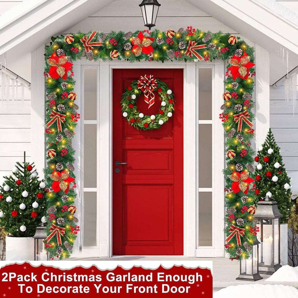 Total 18 Ft Long Prelit Christmas Garland 100 Warm White LED Lights 8 Modes Timer 270 Thick Branch Tips Pinecones Red