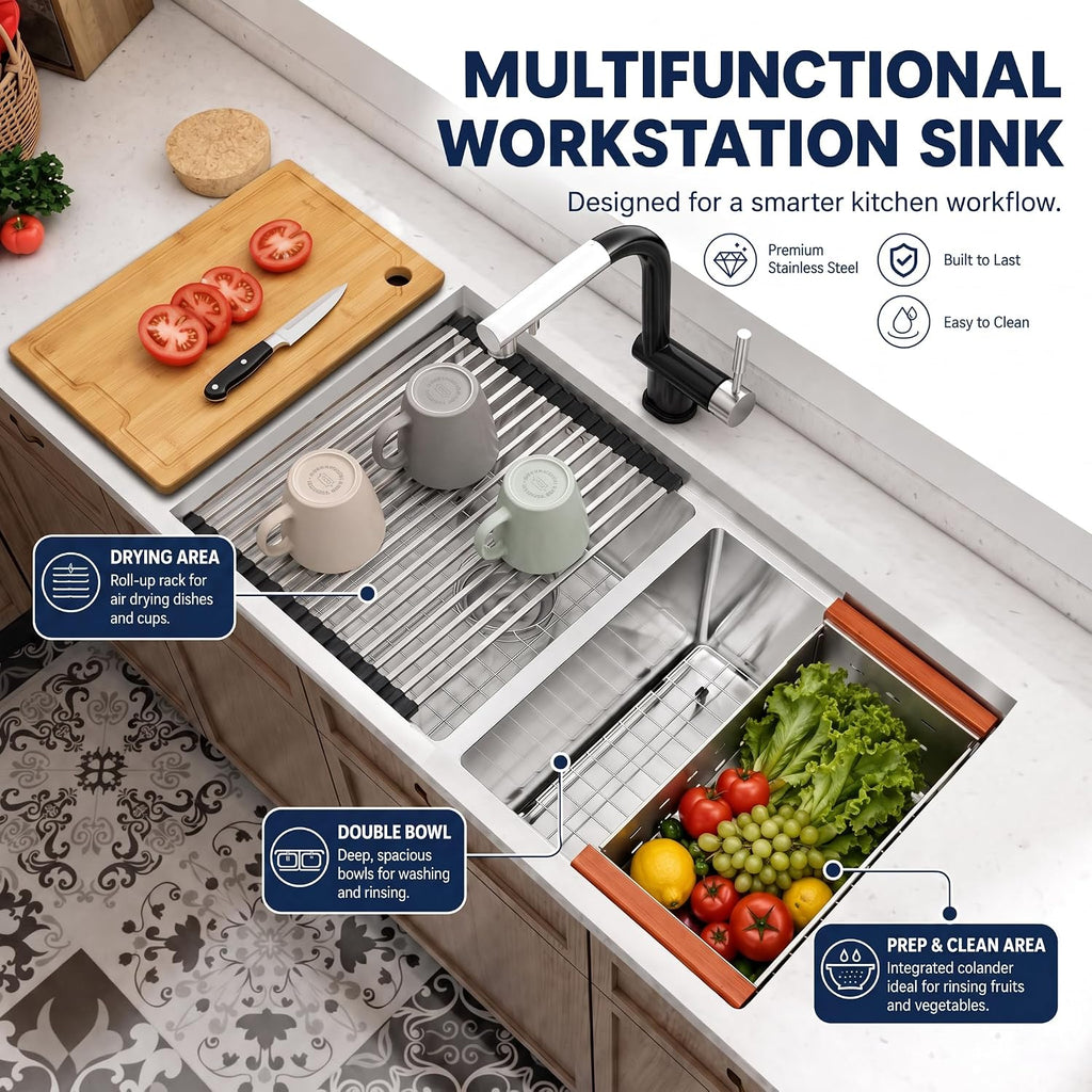 Kitchen Sink Stainless Steel, Undermount Kitchen Sink 32 Inch, 50/50 Double Bowl True 16 Gauge Stainless Steel