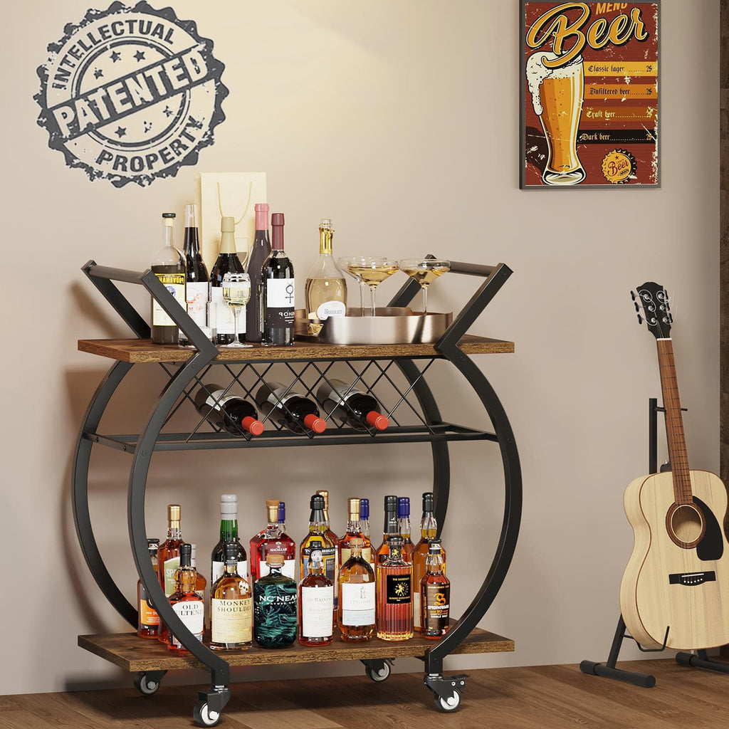 Industrial Bar Cart, Beverage Serving Cart with Wheels, Rustic Brown