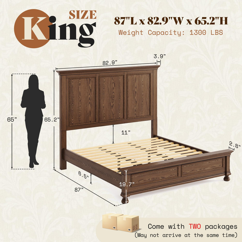 Solid Wood King Bed Frame with 65.2" High Headboard