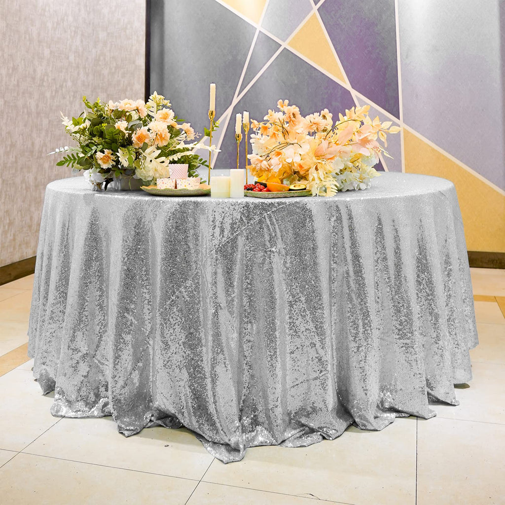 Silver Sequin Tablecloth, 120 Inch Round Glitter Table Cover