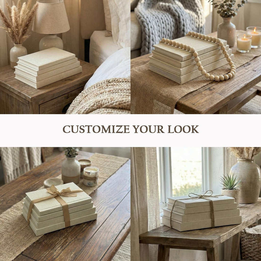 Decorative Books Decor-Set of 4 Real Linen Decorative Books, Stacked Books with Wood Bead Garland, Jute Twine & Satin