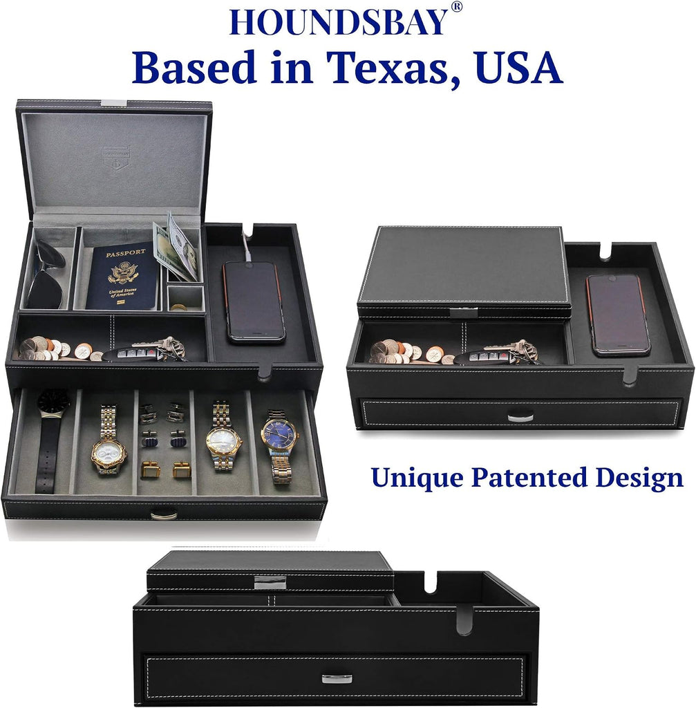 Admiral Dresser Valet Box & Mens Jewelry Box Organizer with Large Smartphone Charging Station (Grey)