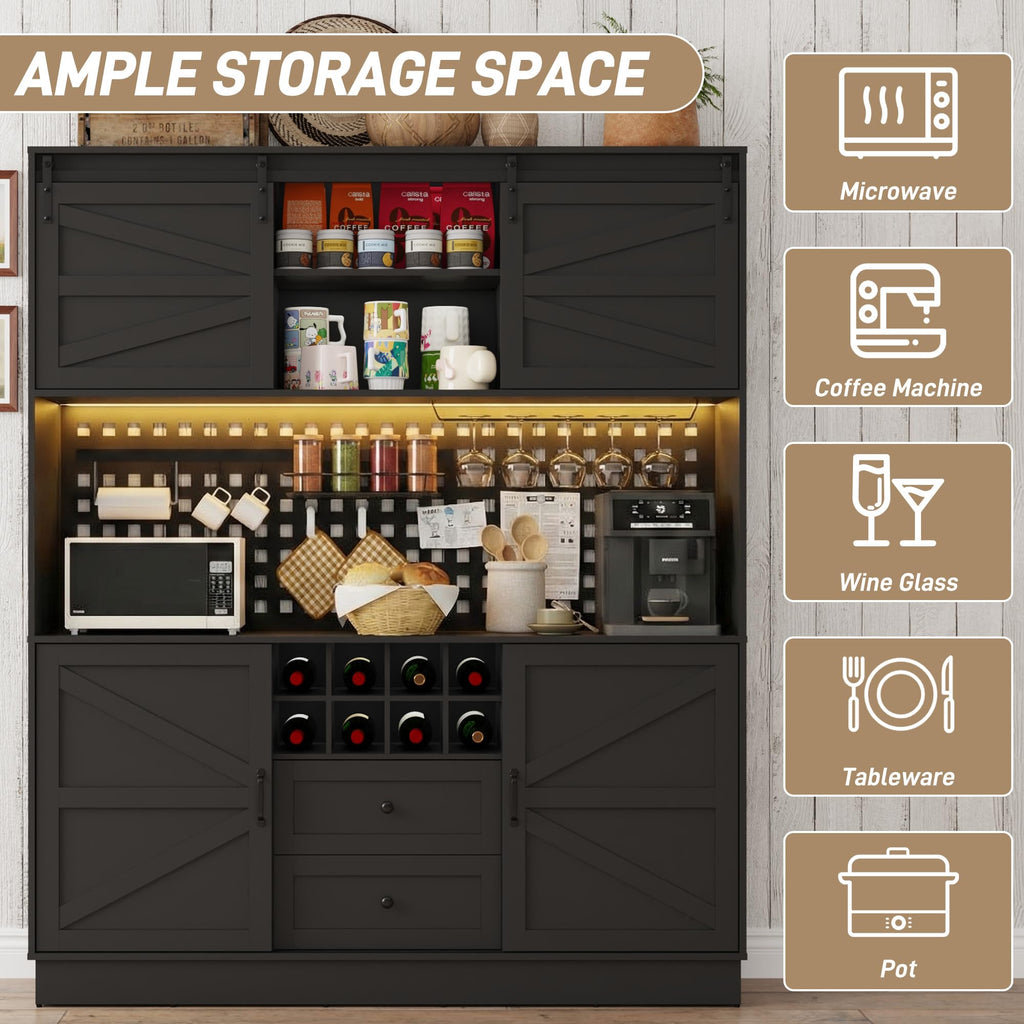 75"Tall 63"W Extra Large LED Farmhouse Kitchen Storage Pantry Hutch Cabinet w/Power Outlet, Pegboard, Coffee Bar