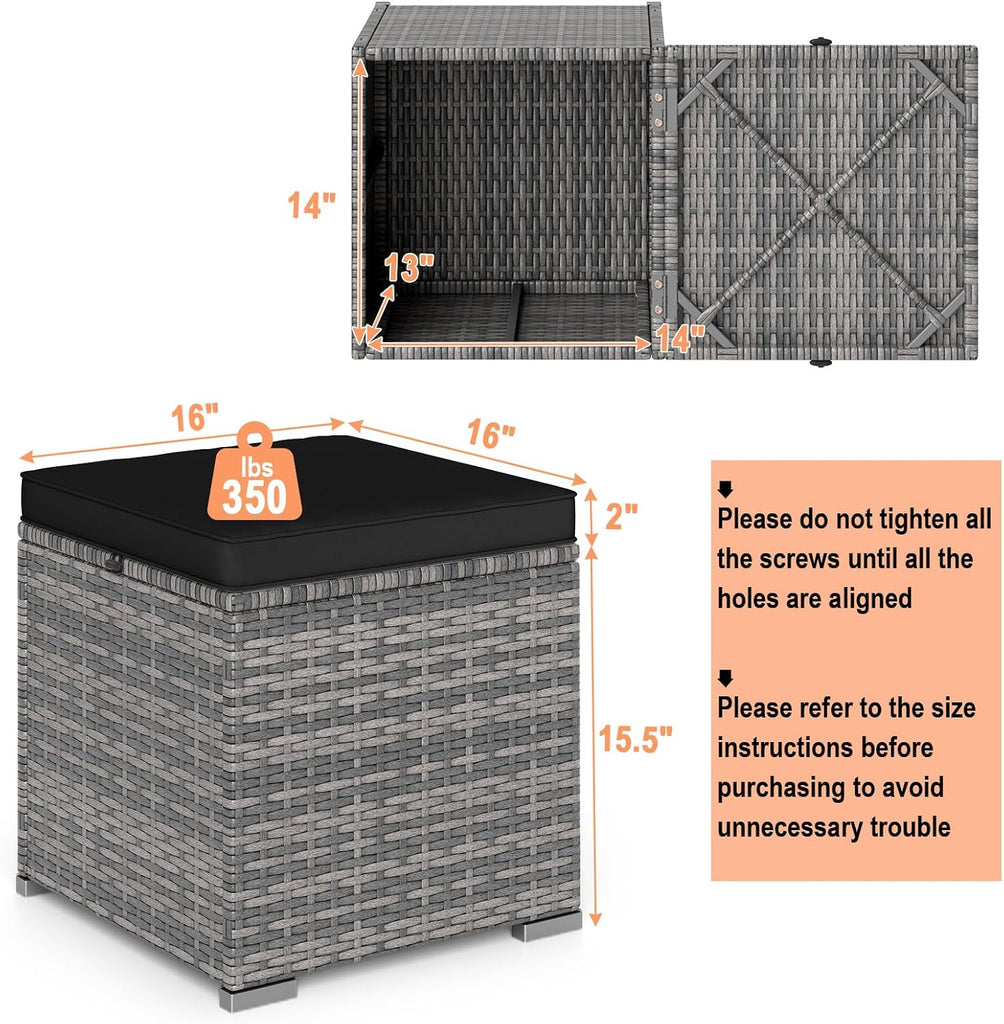 16" Outdoor Ottoman with Storage, Set of 2 Wicker Ottoman, Rattan Cube Footstool w/Removable Cushion Covers, Square