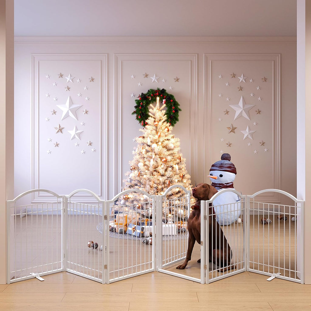 Metal No-Assembly Freestanding Dog Gate with Door Walk Through, Extra Wide 144", Extra Tall 32" Pet Gate, Accordion