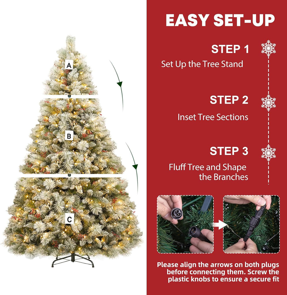 Prelit Flocked Christmas Tree with Pine Needle and Brerries