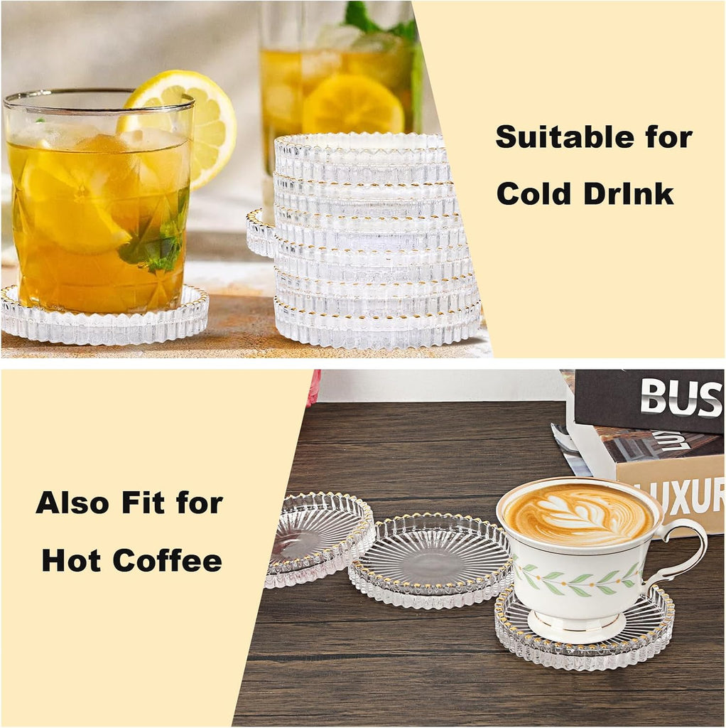 Modern Clear Coaster Glass Coasters for Drinks,Clear with Gold Rim - Set of 8