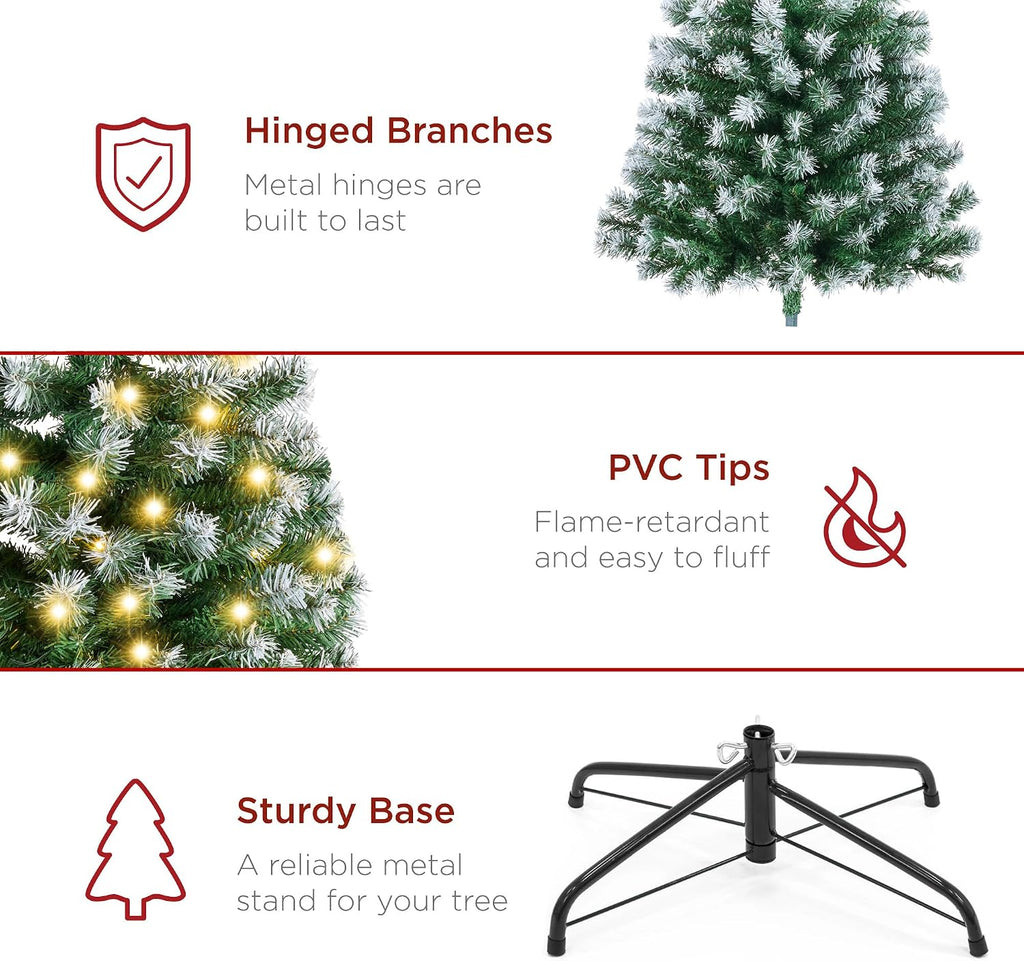 Artificial Frosted Christmas Tree, Premium Pre-Lit Realistic Spruce Holiday Décor w/Dense Branches, Metal Base