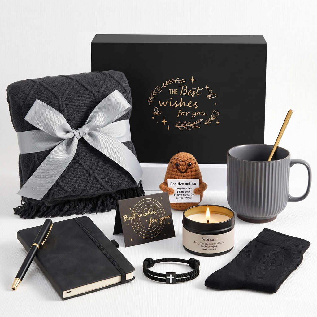 Get Well Soon Gift Baskets for Men- Self Care Package, Birthday Basket for Him, Grey Blanket Get Well, Gifts for Men