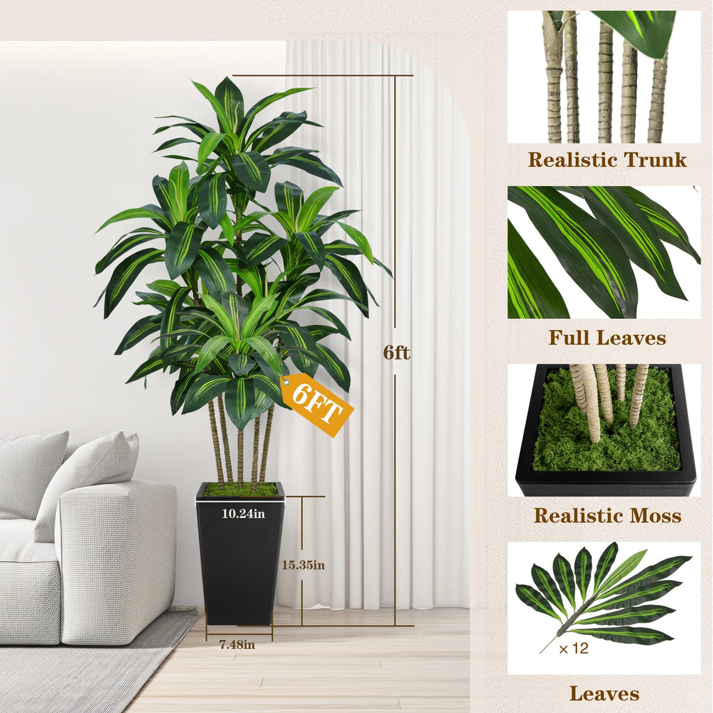 6FT Artificial Dracaena Tree with Tall Black Planter, Floor Plant
