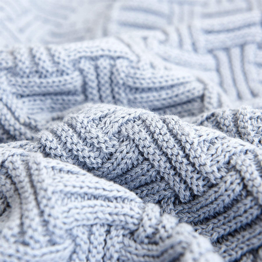 Large Grey Blue Cotton Knit Throw Blanket for Couch Sofa Bed - Home Decorative Soft Cozy Sweater Woven Fall Cable