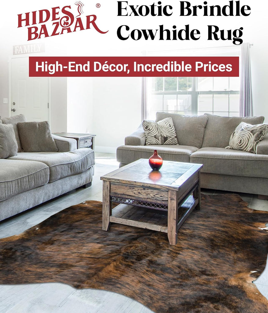 Exotic Brindle Cowhide Rug 6x7 ft, Real Hair on Hide Area Rug | Exotic black, brown and white brindle mix. Genuine