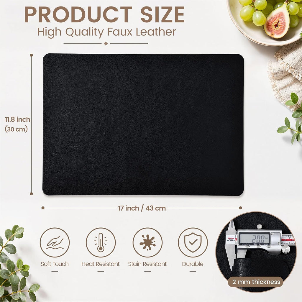 Faux Leather Vinyl Placemats, Easy to Clean, Black - Set of 4
