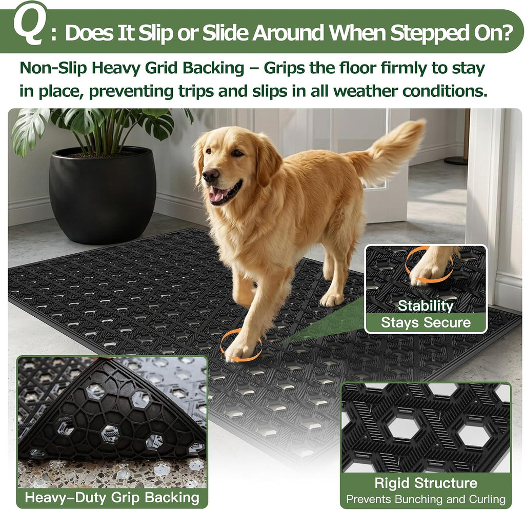 Front Door Mat Outside Entrance 24x36, Heavy Duty TPE Rubber Doormat with Drainage, Non Slip Low Profile Dirt Trapper