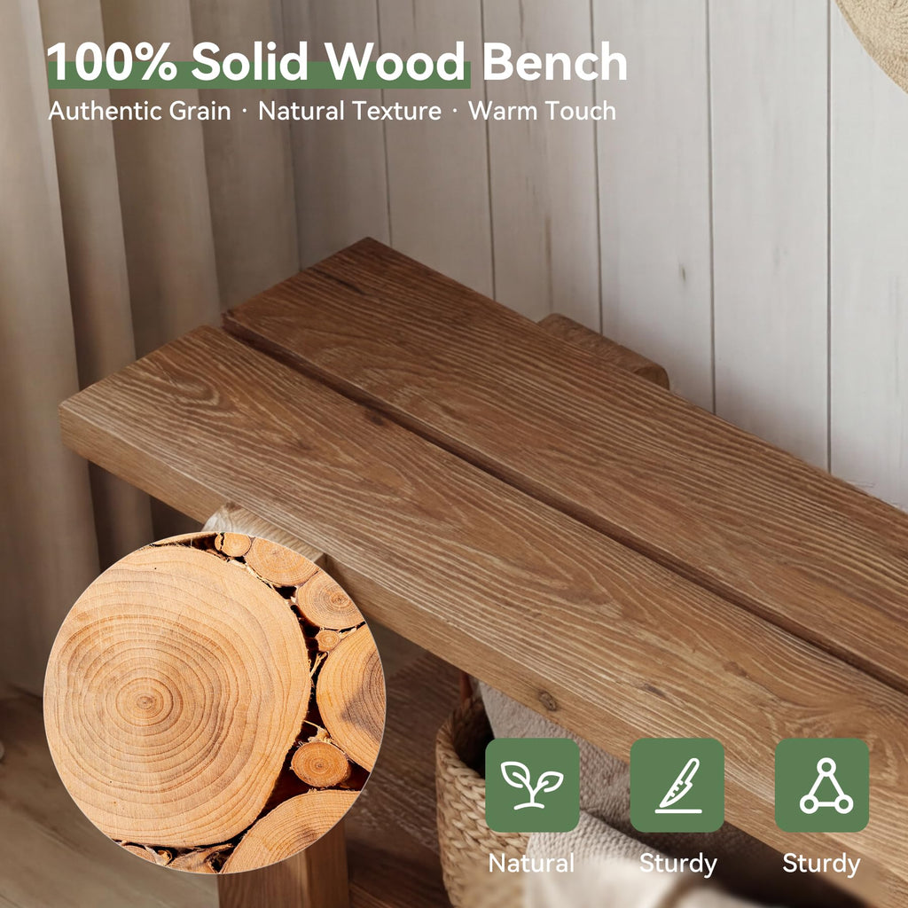 Solid Wood Entryway Bench with Shoe Storage Shelf, 63-Inch Long Farmhouse Entry Shoe Bench, End of Bed Bench