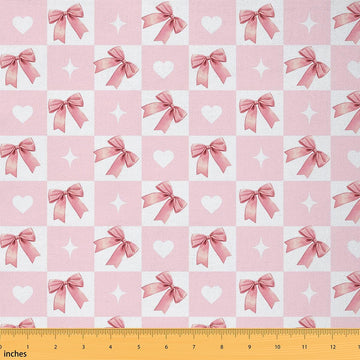 Preppy Coquette Bows Hearts Indoor Fabric, Geometric Grid Soft Polyester No Stretch Princess Style Crafts & Sewing