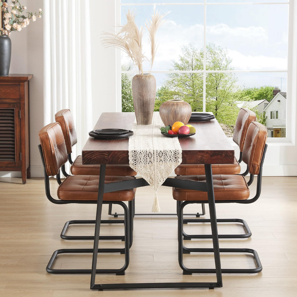 Industrial Metal Dining Chairs Set of 4, Upholstered Faux Leather Kitchen Chairs with Black Metal Base, Living Room