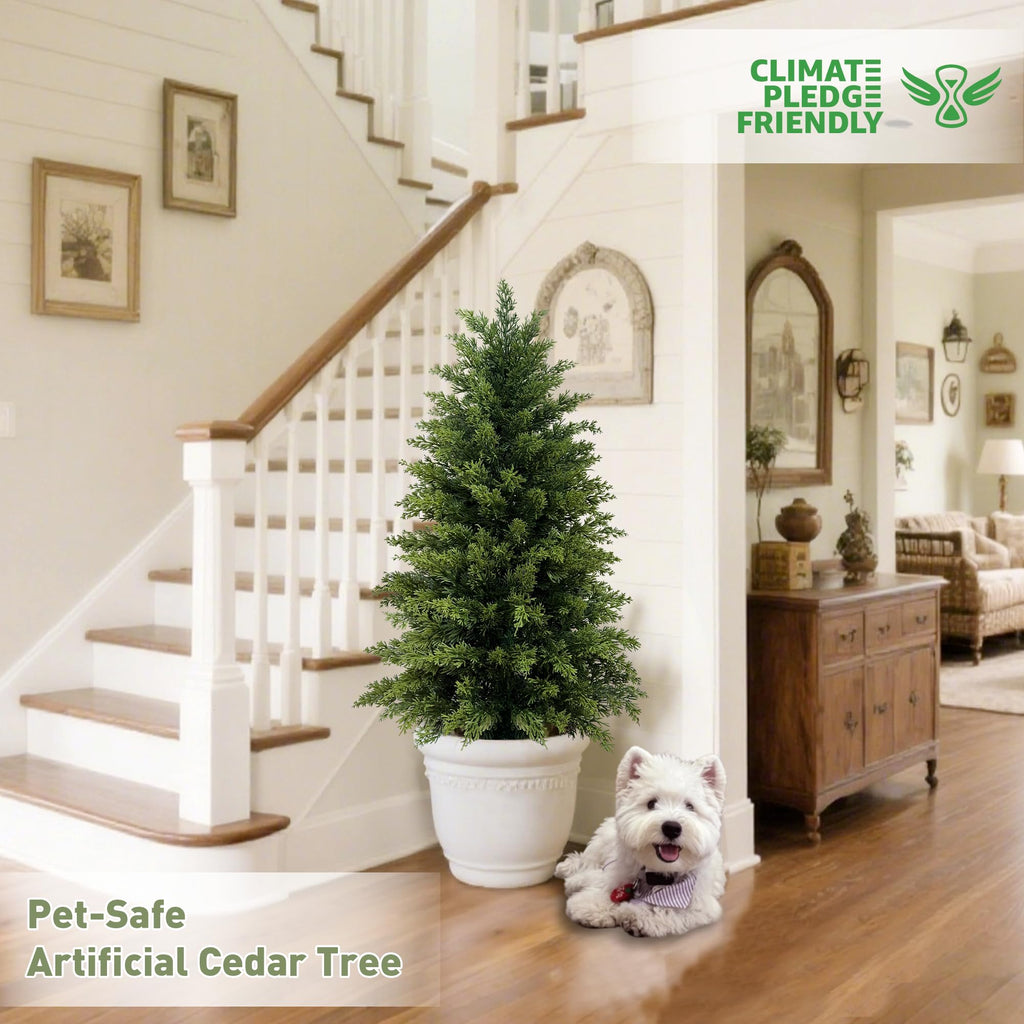 3ft Cedar Topiary Trees Artificial Outdoor, Set of 2 Realistic Faux Cedar Trees Planter, Indoor Outdoor Artificial