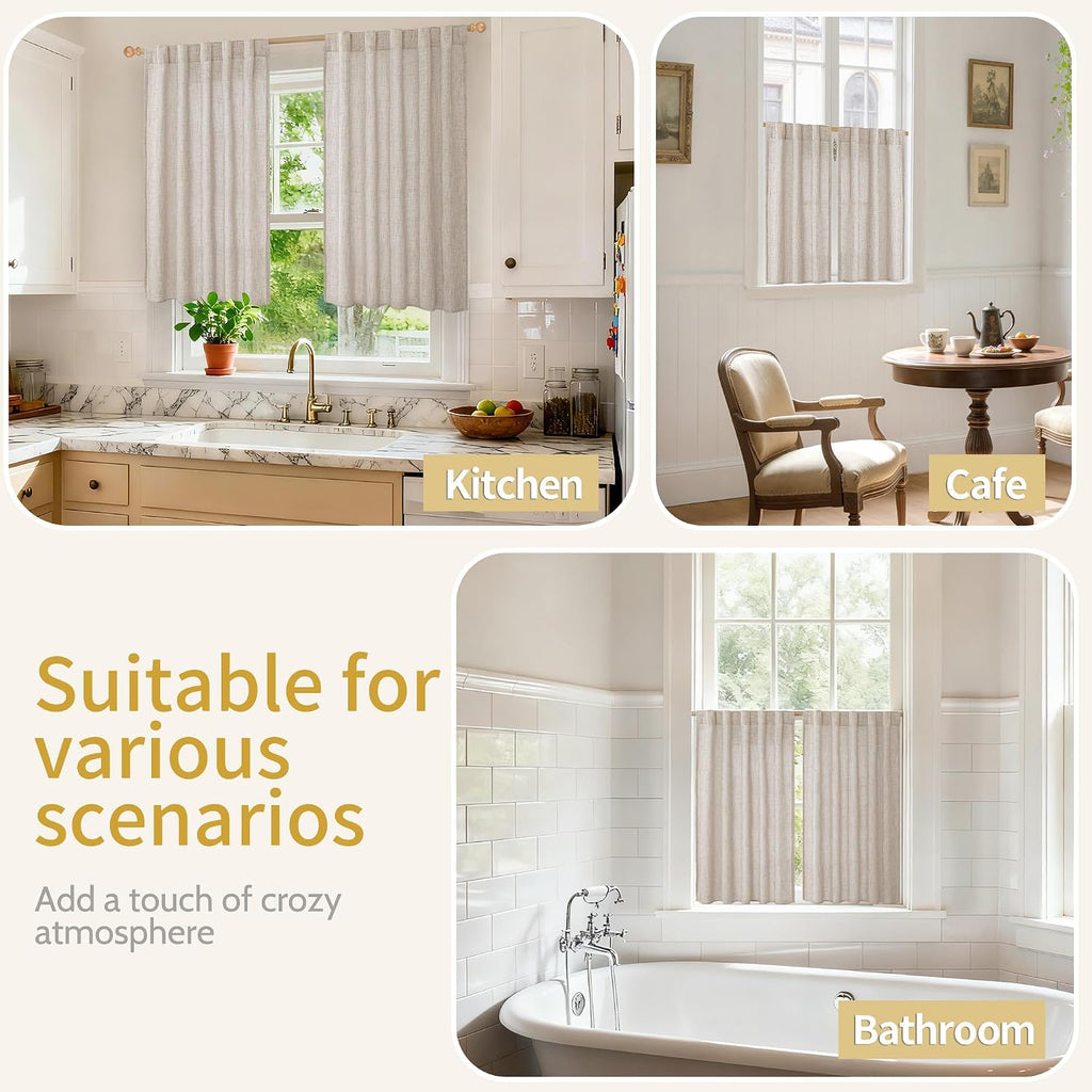 Short Linen Kitchen Curtains 40 Inch Length for Window Over Sink, Semi Sheer Cafe Drapes Light Filtering with Rod