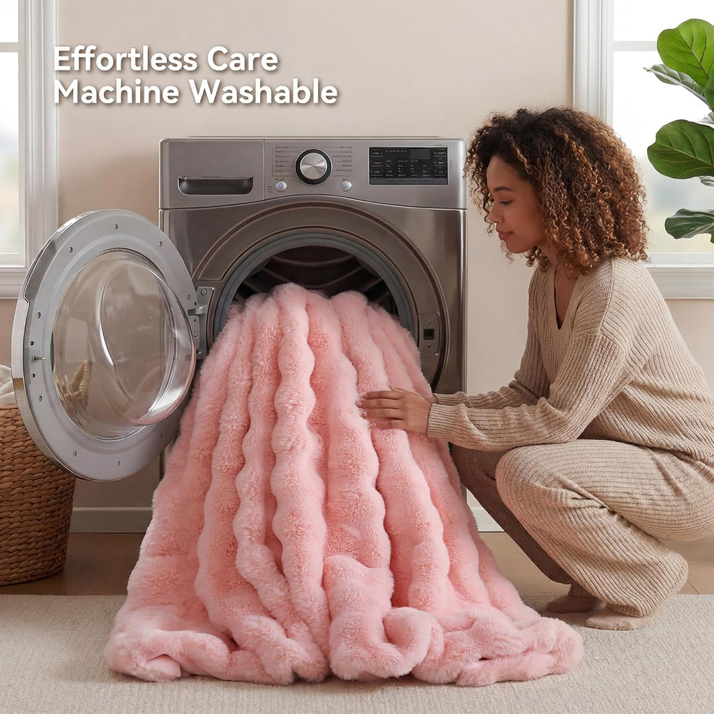 Faux Rabbit Fur Throw for Couch - Blush Pink Bubble Blanket 60"x80" | Fluffy Plush Fuzzy Throw for Sofa & Bed, Super