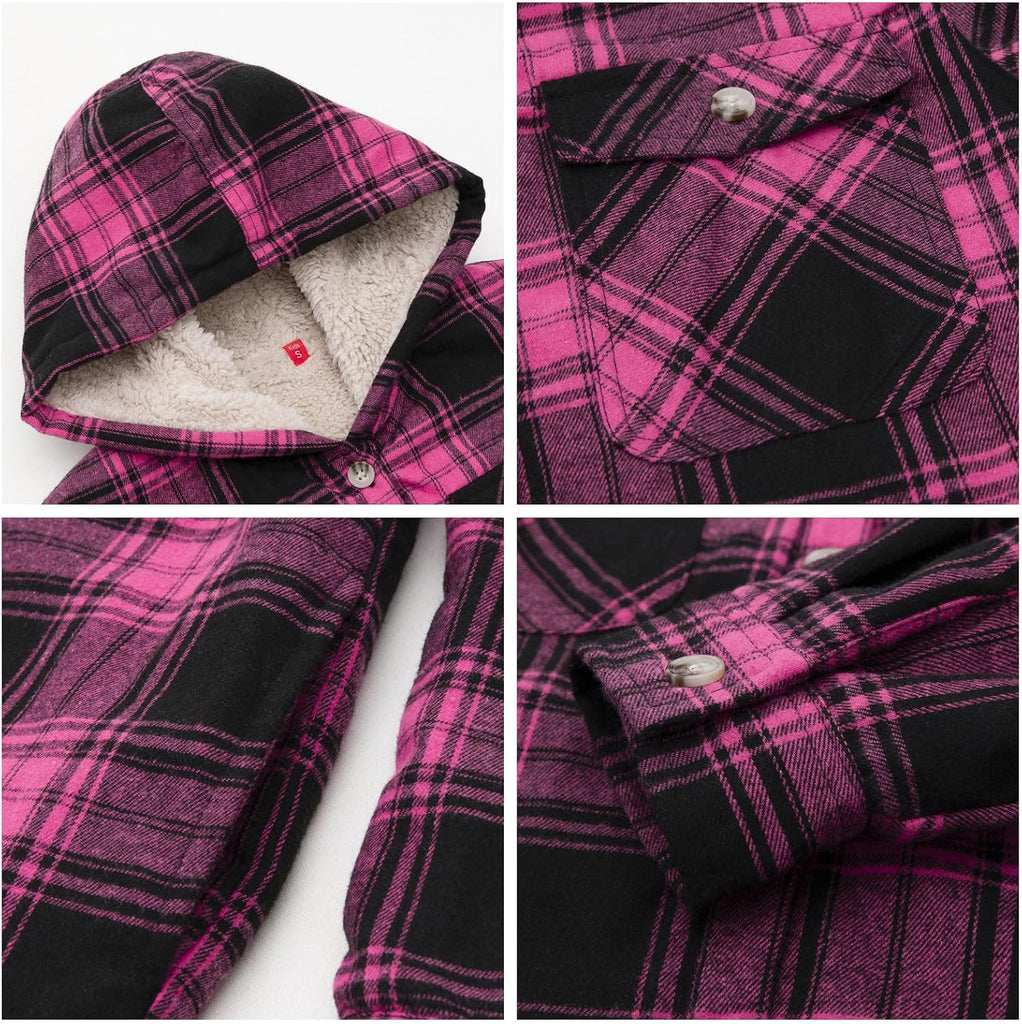 Girls Sherpa Lined Plaid Button Hooded Jacket