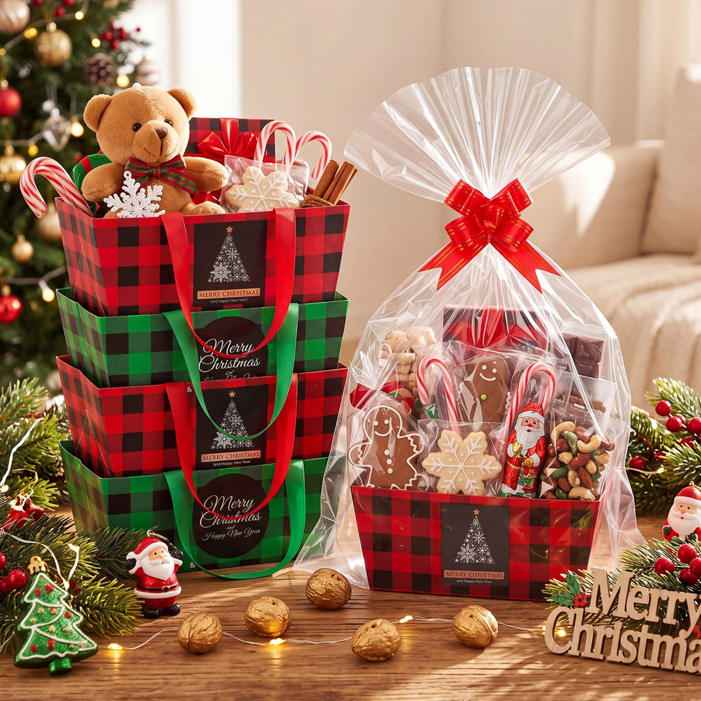 12 Pack Christmas Plaid Empty Paper Baskets with Bags and Bows
