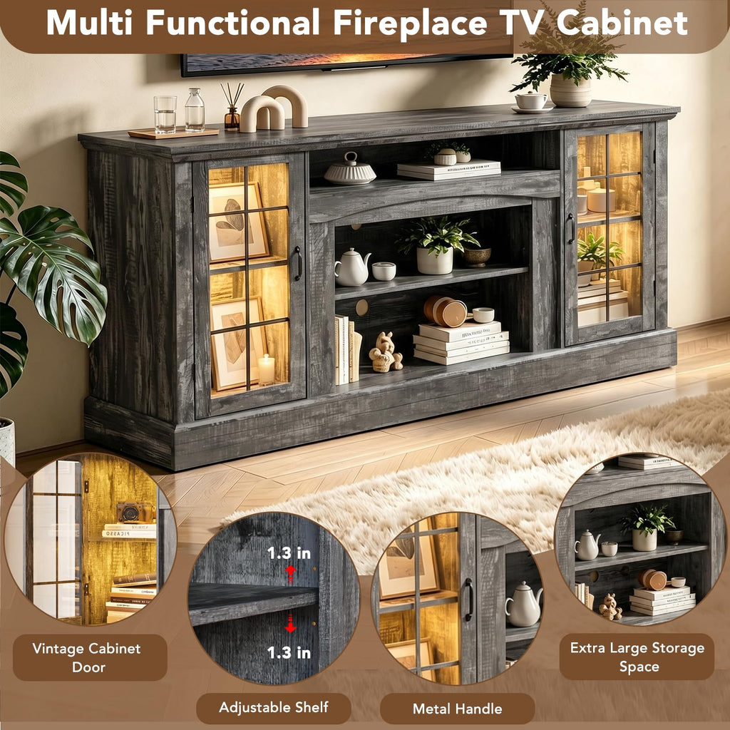 70" Farmhouse TV Stand for 80 Inch TV, Entertainment Center with Storage Cabinets, Media Console Table, Grey