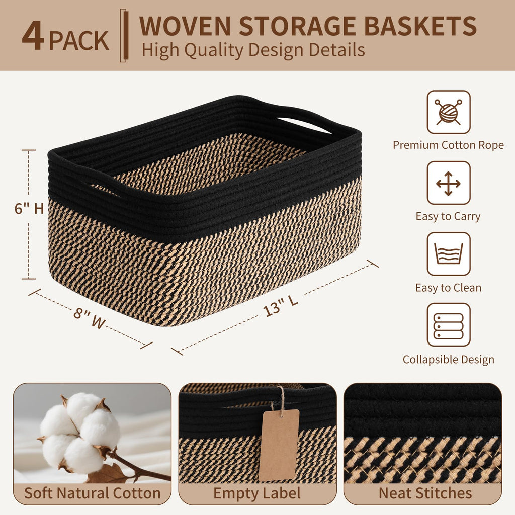 4 Pack Storage Baskets for Organizing Shelves, Black & Jute