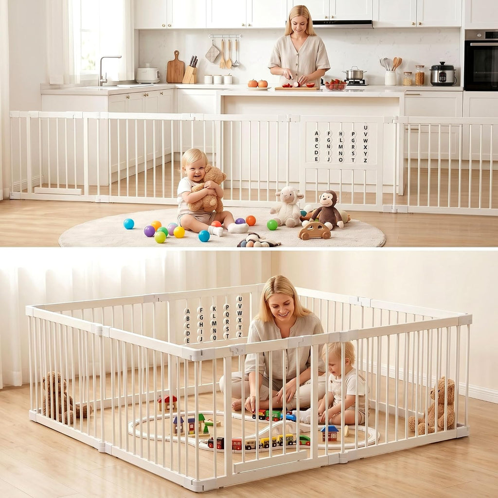 Bamboo Baby Playpen 64x64x26-8 Panel Adjustable Multi-Shape Large Play Yard for Toddlers with Locking Gate Portable