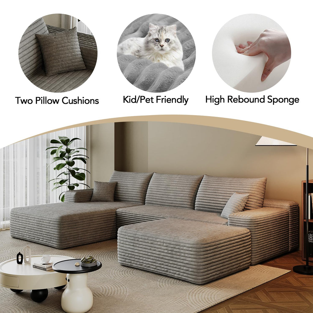 107.7" Boneless Sectional Couch Modern Modular U - Shape Corduroy Upholstered Sofa - Deep Seat with Chaise and