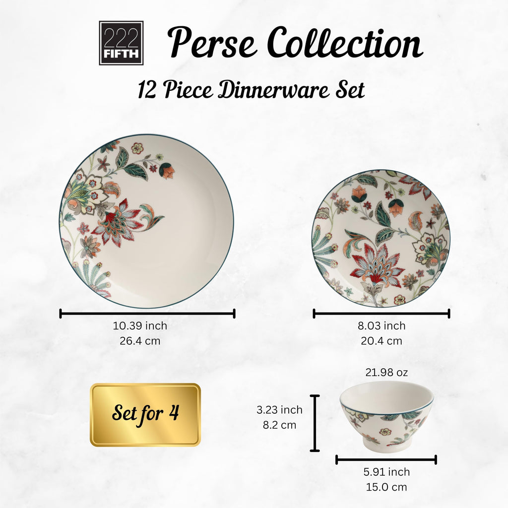 Perse 12-Piece Porcelain White Dinnerware Set | Microwave and Dishwasher Safe Big Dinner Plates and Bowls Sets for 4